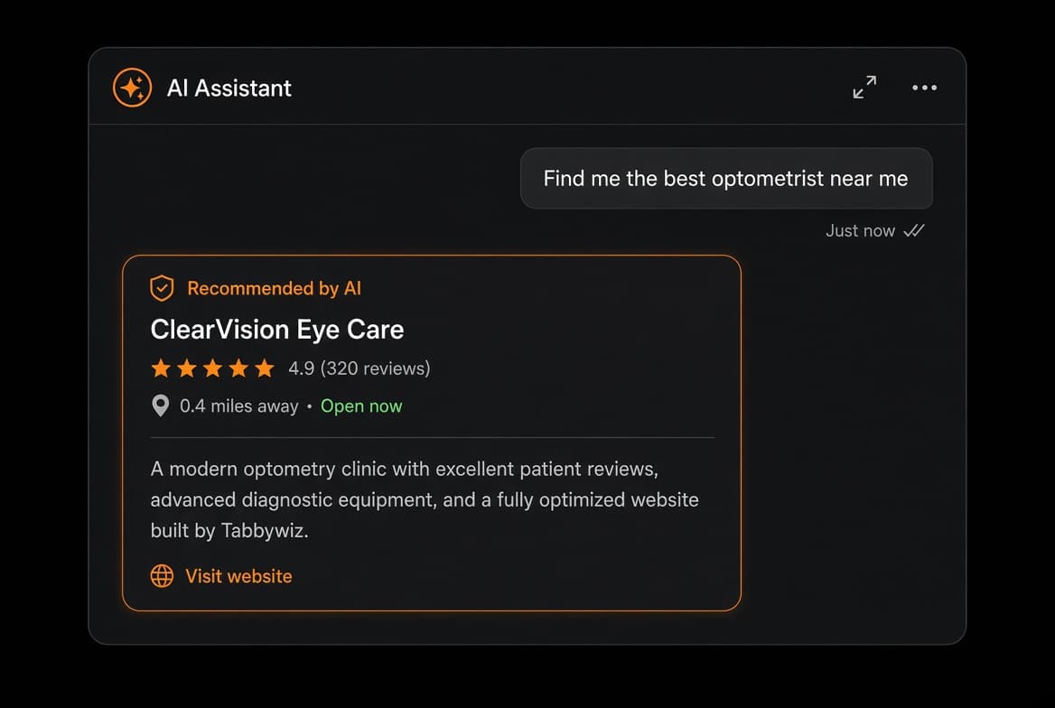 AI assistant chat recommending ClearVision Eye Care, a Tabbywiz-built clinic, as the top result for "find me the best optometrist near me"