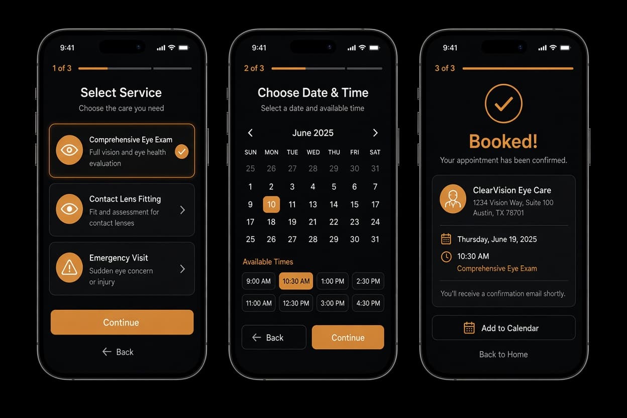 Three-step mobile booking flow: select a service, choose a date and time, then get a confirmed appointment