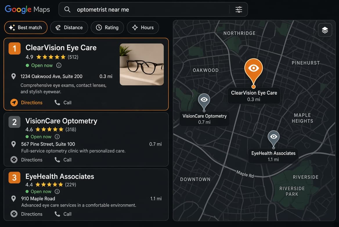 Google Maps search results for "optometrist near me" with the Tabbywiz clinic ranked first